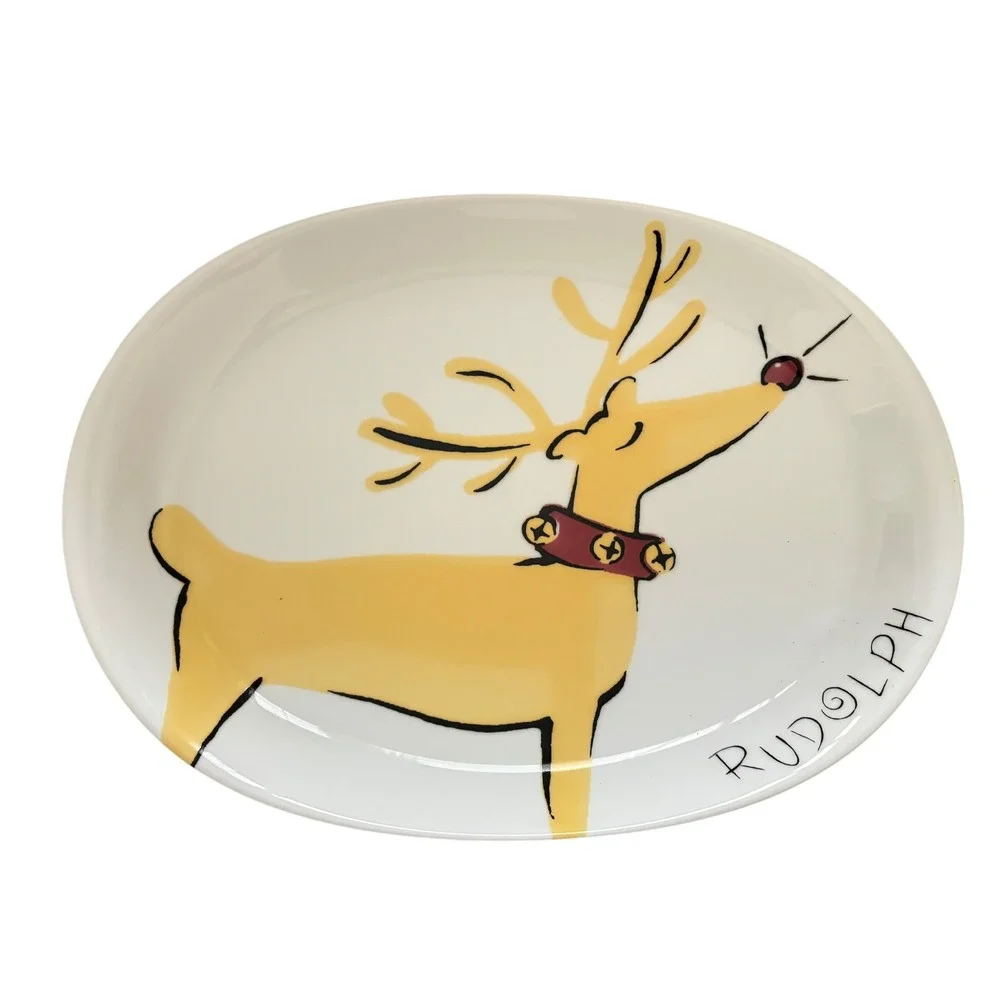Pottery Barn Rudolph Reindeer Oval Serving Platter Christmas Holiday Stoneware